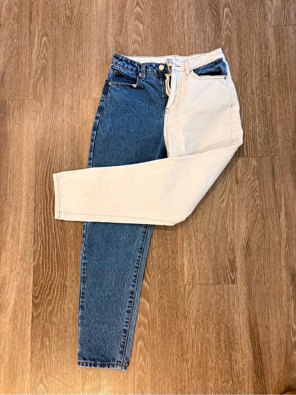Princess Polly Two-Tone High-Rise Jeans in Blue & Cream
